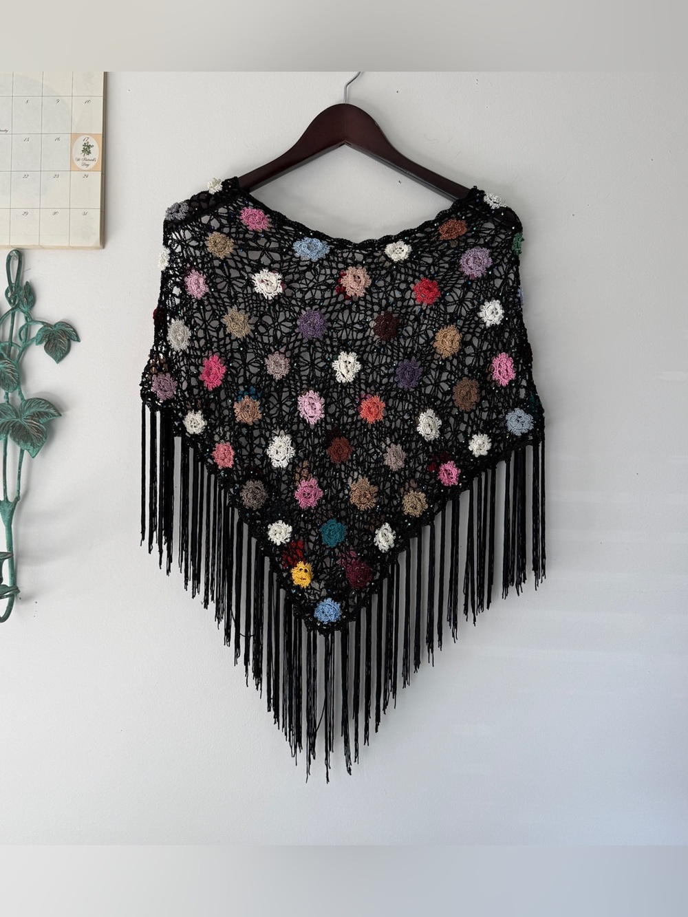 Vintage Crochet Beaded Floral Fringe Shawl / Sheer Layering Skirt